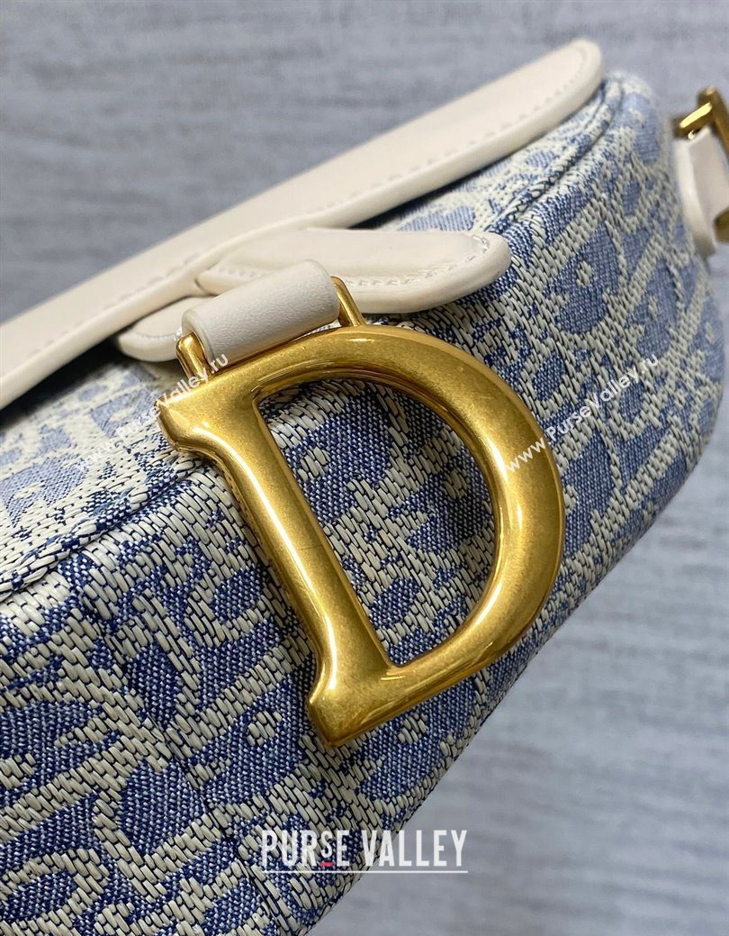 Dior Mini Saddle Bag with Strap in Blue Dior Oblique Chambray with Raffia Effect and White Calfskin 2025 (XXG-250627077)
