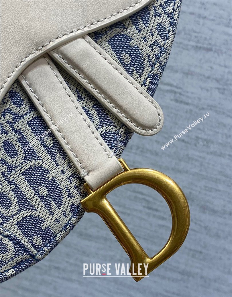 Dior Mini Saddle Bag with Strap in Blue Dior Oblique Chambray with Raffia Effect and White Calfskin 2025 (XXG-250627077)