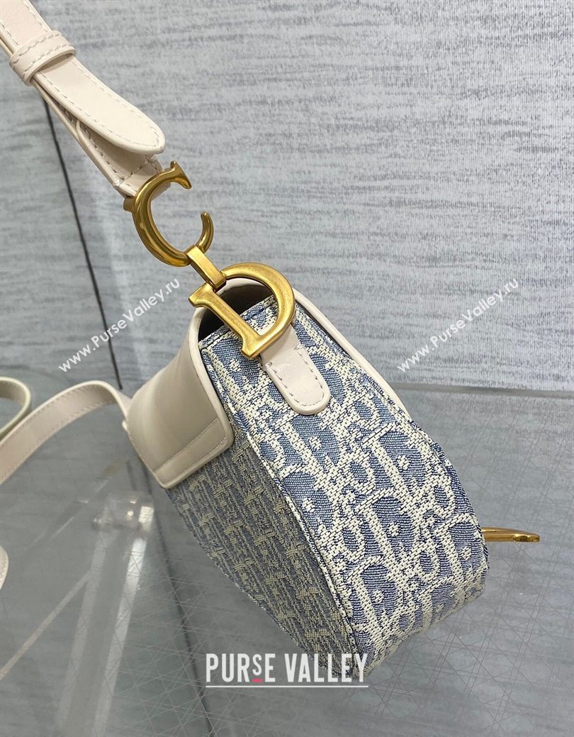 Dior Mini Saddle Bag with Strap in Blue Dior Oblique Chambray with Raffia Effect and White Calfskin 2025 (XXG-250627077)