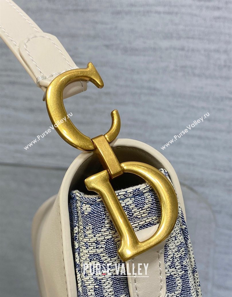 Dior Mini Saddle Bag with Strap in Blue Dior Oblique Chambray with Raffia Effect and White Calfskin 2025 (XXG-250627077)