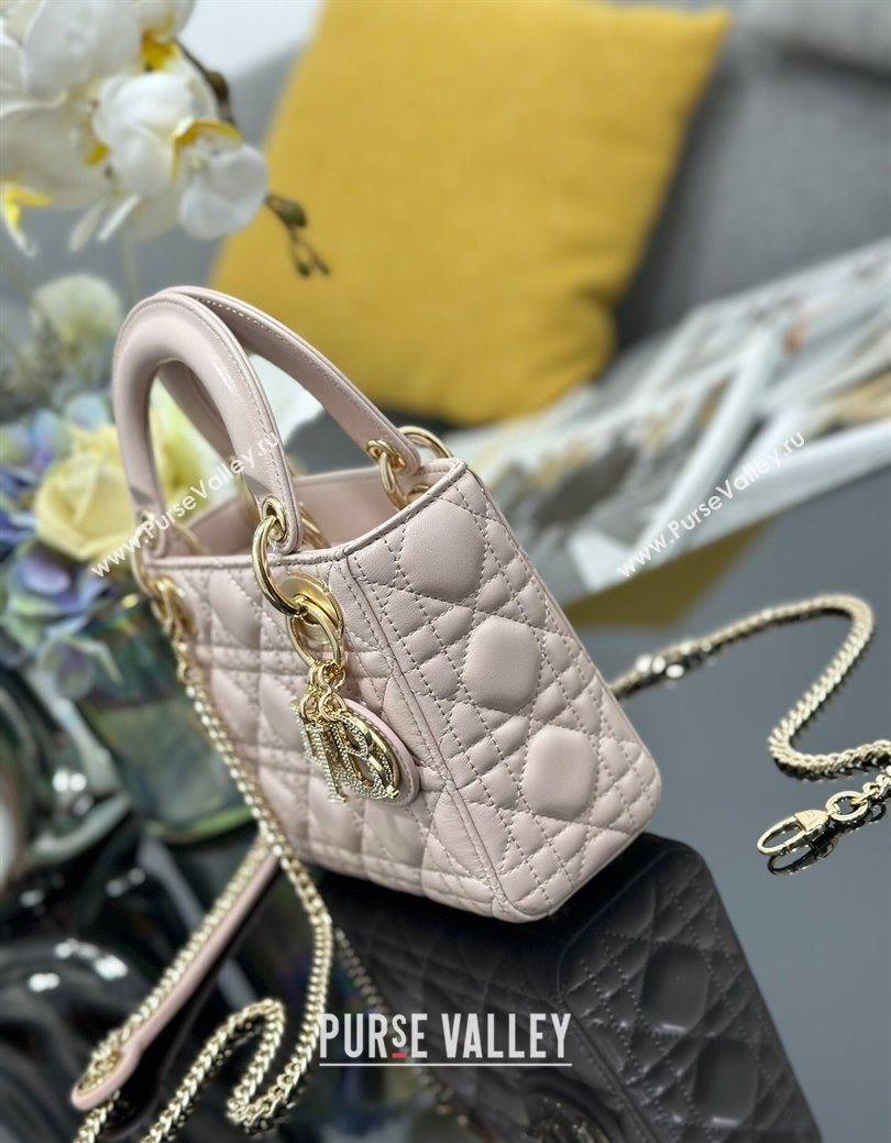 Dior Mini Lady Dior Bag in Cannage Lambskin with Strass Light Pink 2025 M0505 0627 (XXG-250627046)