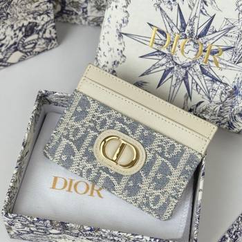 Dior 30 Montaigne Freesia Card Holder in Blue Oblique Chambray with Raffia Effect and White Smooth Calfskin 2025 (XXG-250627086)