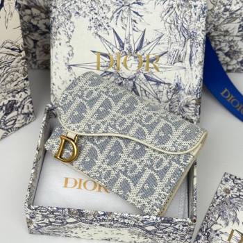 Dior Saddle Bloom Card Holder in Blue Dior Oblique Chambray with Raffia Effect and White Smooth Calfskin 2025 (XXG-250627088)