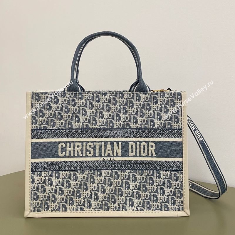 Dior Medium Book Tote Bag in Blue Dior Oblique Chambray Embroidery and Latte White Calfskin 2025 (BF-250627076)