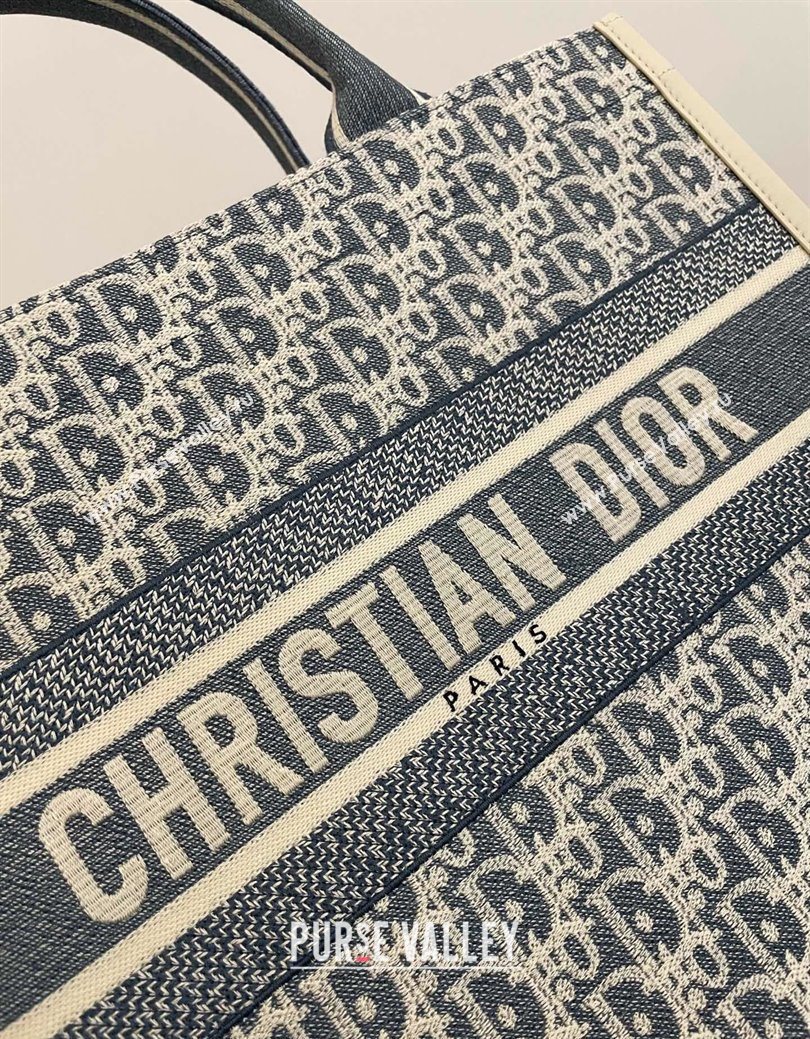 Dior Medium Book Tote Bag in Blue Dior Oblique Chambray Embroidery and Latte White Calfskin 2025 (BF-250627076)