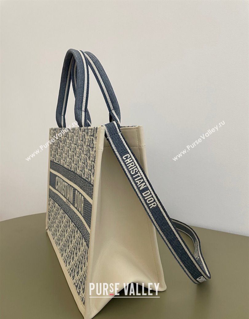 Dior Medium Book Tote Bag in Blue Dior Oblique Chambray Embroidery and Latte White Calfskin 2025 (BF-250627076)