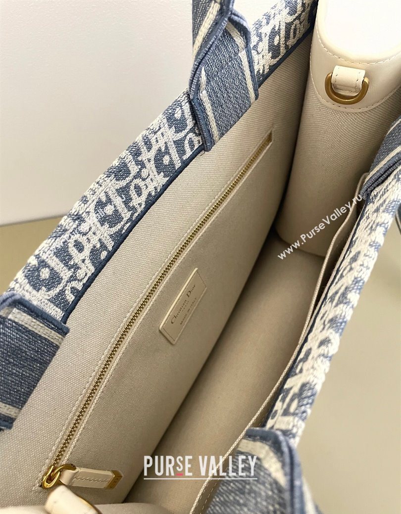 Dior Medium Book Tote Bag in Blue Dior Oblique Chambray Embroidery and Latte White Calfskin 2025 (BF-250627076)