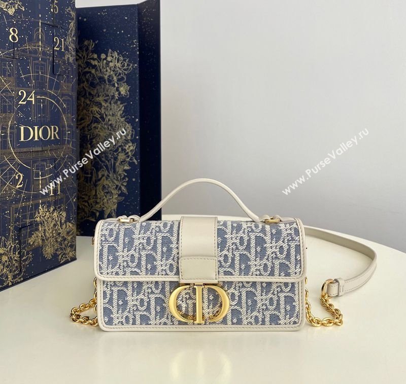 Dior Miss Montaigne Chain Mini Bag in Blue Oblique Chambray with Raffia Effect and White Calfskin 2025 (XXG-250627078)