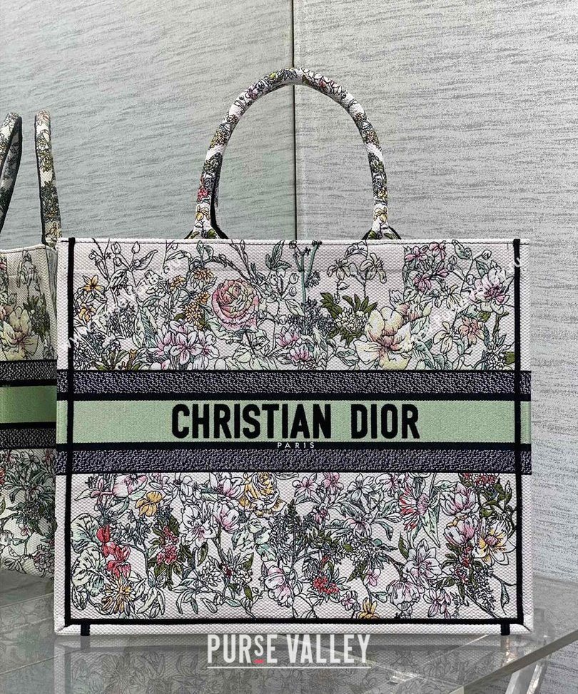 Dior Large Book Tote Bag in Latte White Embroidery with Green Multicolor D-Floral Embroidery 2025 (XXG-250627072)