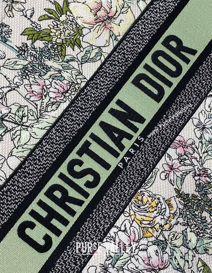 Dior Large Book Tote Bag in Latte White Embroidery with Green Multicolor D-Floral Embroidery 2025 (XXG-250627072)