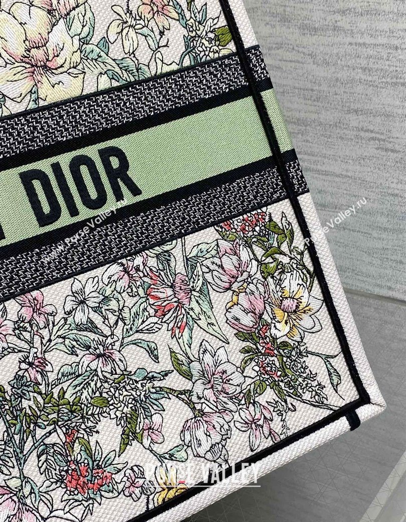 Dior Large Book Tote Bag in Latte White Embroidery with Green Multicolor D-Floral Embroidery 2025 (XXG-250627072)