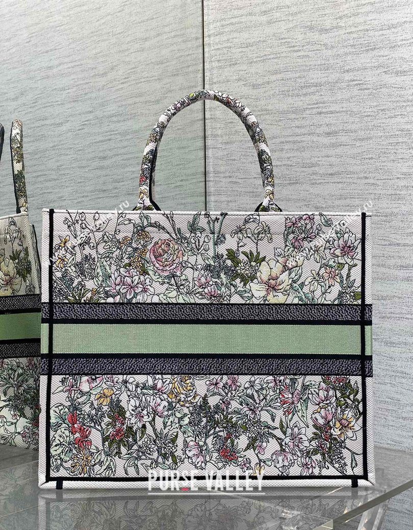 Dior Large Book Tote Bag in Latte White Embroidery with Green Multicolor D-Floral Embroidery 2025 (XXG-250627072)