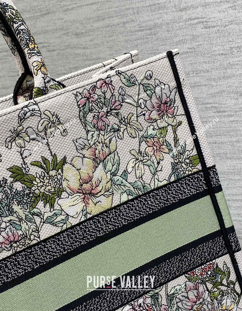 Dior Large Book Tote Bag in Latte White Embroidery with Green Multicolor D-Floral Embroidery 2025 (XXG-250627072)