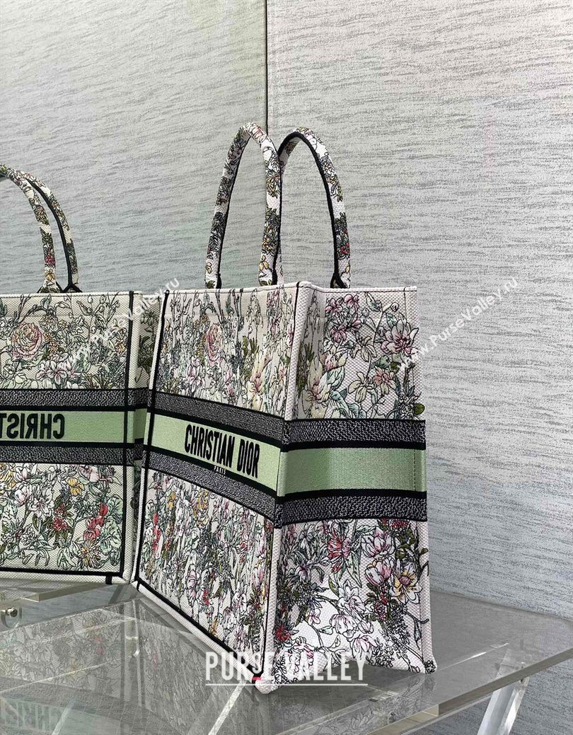 Dior Large Book Tote Bag in Latte White Embroidery with Green Multicolor D-Floral Embroidery 2025 (XXG-250627072)