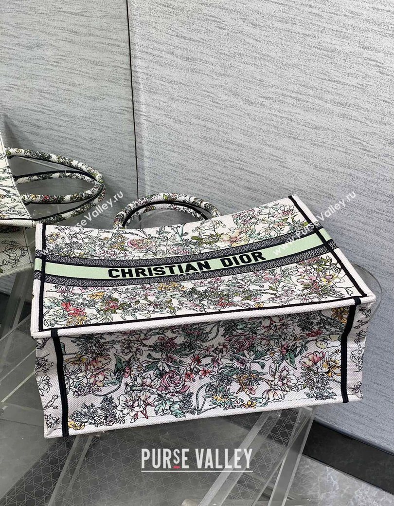 Dior Large Book Tote Bag in Latte White Embroidery with Green Multicolor D-Floral Embroidery 2025 (XXG-250627072)