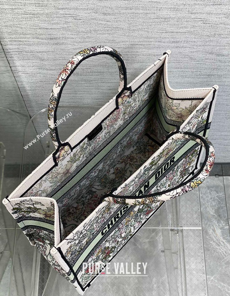 Dior Large Book Tote Bag in Latte White Embroidery with Green Multicolor D-Floral Embroidery 2025 (XXG-250627072)