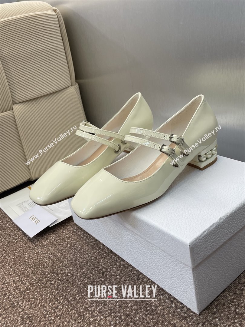 Dior D-Lane Mary Janes Pumps 3.5cm in Patent Leather with Pearls White 2025 (JC-250710027)