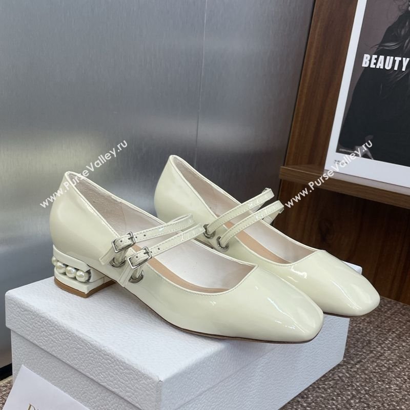 Dior D-Lane Mary Janes Pumps 3.5cm in Patent Leather with Pearls White 2025 (JC-250710027)