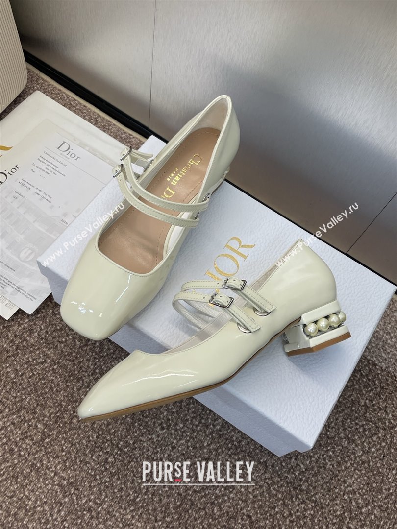 Dior D-Lane Mary Janes Pumps 3.5cm in Patent Leather with Pearls White 2025 (JC-250710027)