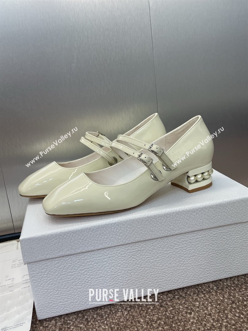 Dior D-Lane Mary Janes Pumps 3.5cm in Patent Leather with Pearls White 2025 (JC-250710027)