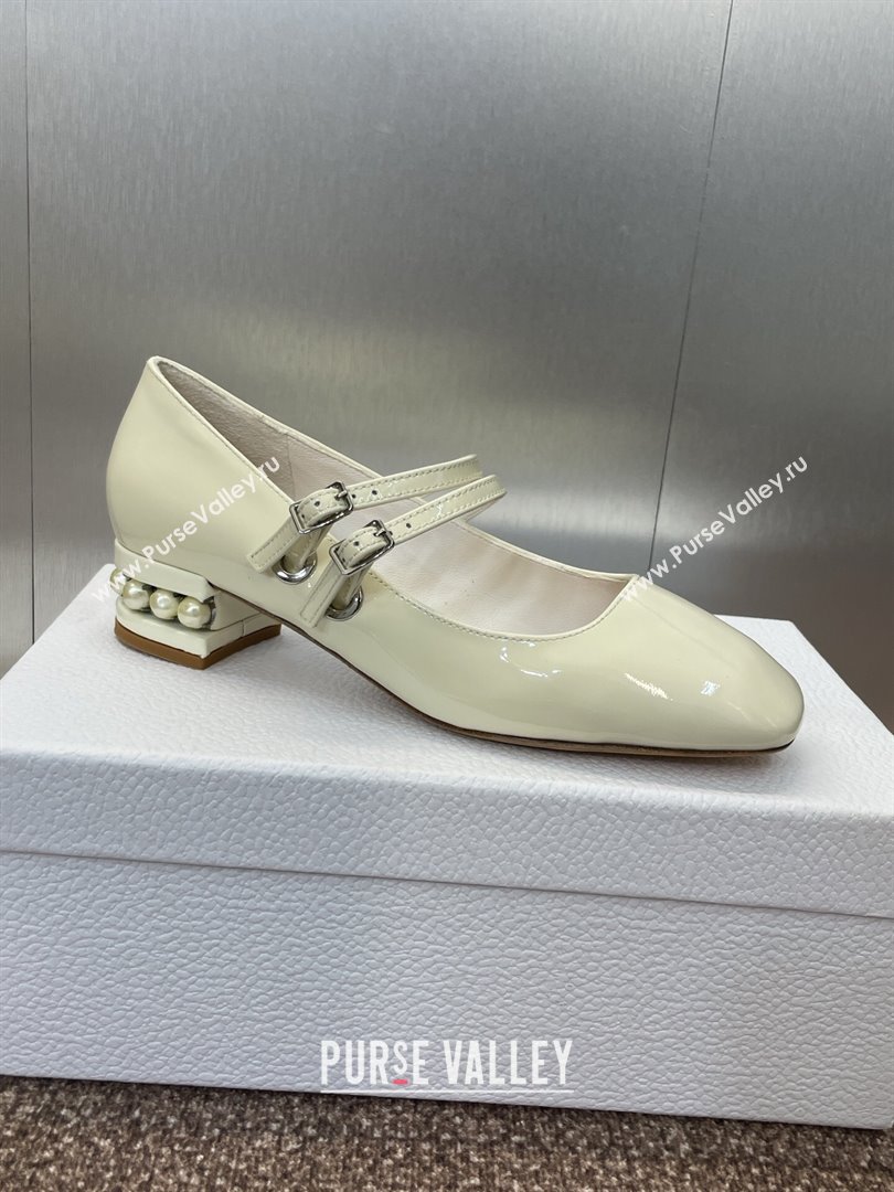 Dior D-Lane Mary Janes Pumps 3.5cm in Patent Leather with Pearls White 2025 (JC-250710027)