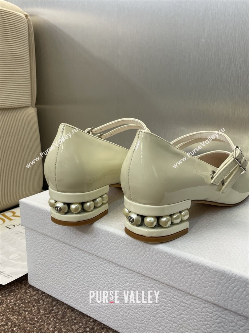 Dior D-Lane Mary Janes Pumps 3.5cm in Patent Leather with Pearls White 2025 (JC-250710027)
