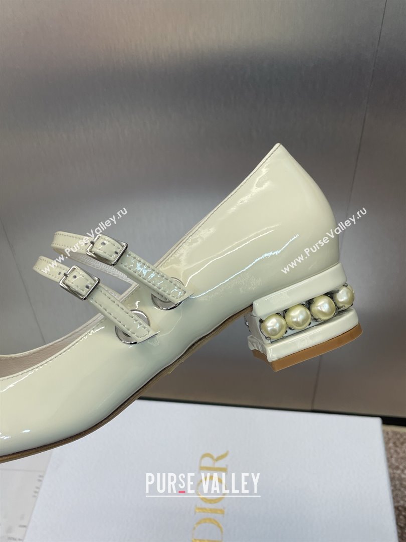 Dior D-Lane Mary Janes Pumps 3.5cm in Patent Leather with Pearls White 2025 (JC-250710027)