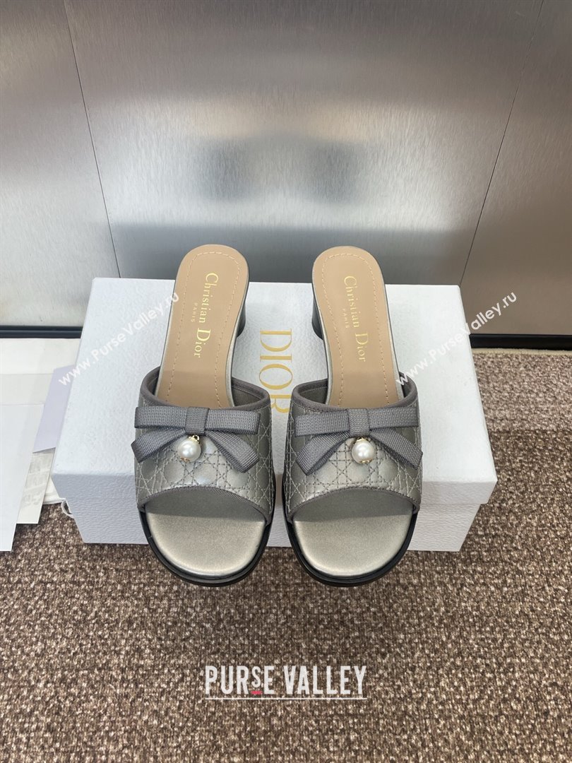 Dior Oblique Leather Heeled Slides Sandal 6cm with Pearl Bow Grey 2025 (JC-250710042)