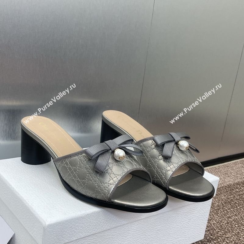 Dior Oblique Leather Heeled Slides Sandal 6cm with Pearl Bow Grey 2025 (JC-250710042)