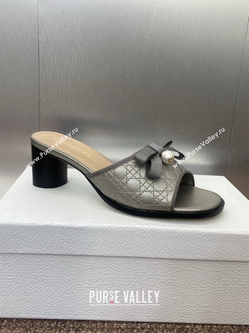 Dior Oblique Leather Heeled Slides Sandal 6cm with Pearl Bow Grey 2025 (JC-250710042)