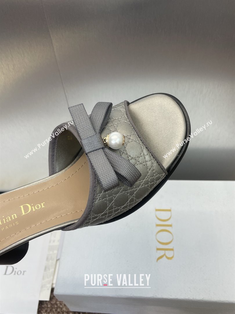 Dior Oblique Leather Heeled Slides Sandal 6cm with Pearl Bow Grey 2025 (JC-250710042)