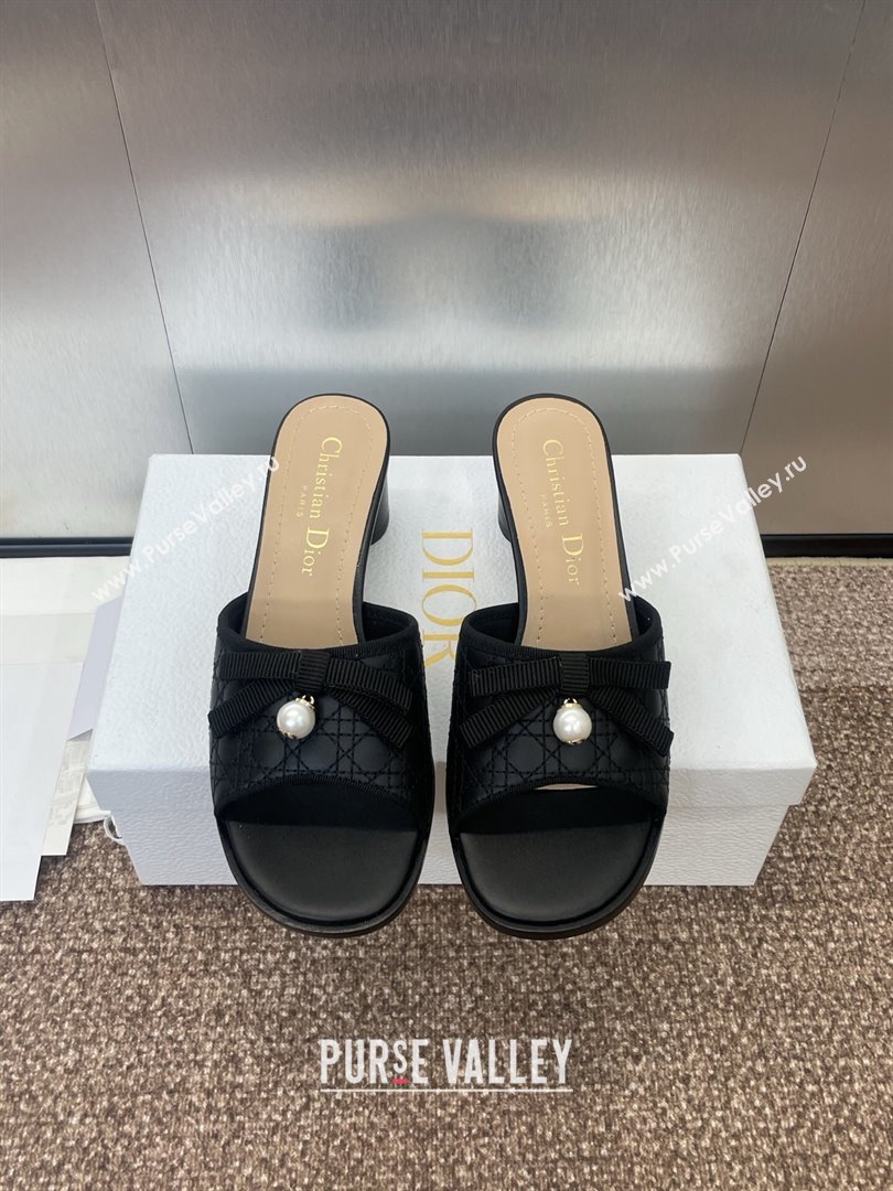 Dior Oblique Leather Heeled Slides Sandal 6cm with Pearl Bow Black 2025 (JC-250710043)