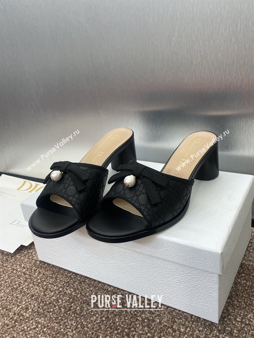 Dior Oblique Leather Heeled Slides Sandal 6cm with Pearl Bow Black 2025 (JC-250710043)
