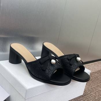 Dior Oblique Leather Heeled Slides Sandal 6cm with Pearl Bow Black 2025 (JC-250710043)