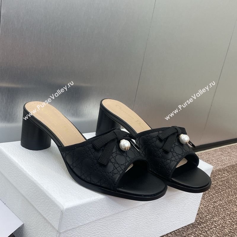 Dior Oblique Leather Heeled Slides Sandal 6cm with Pearl Bow Black 2025 (JC-250710043)