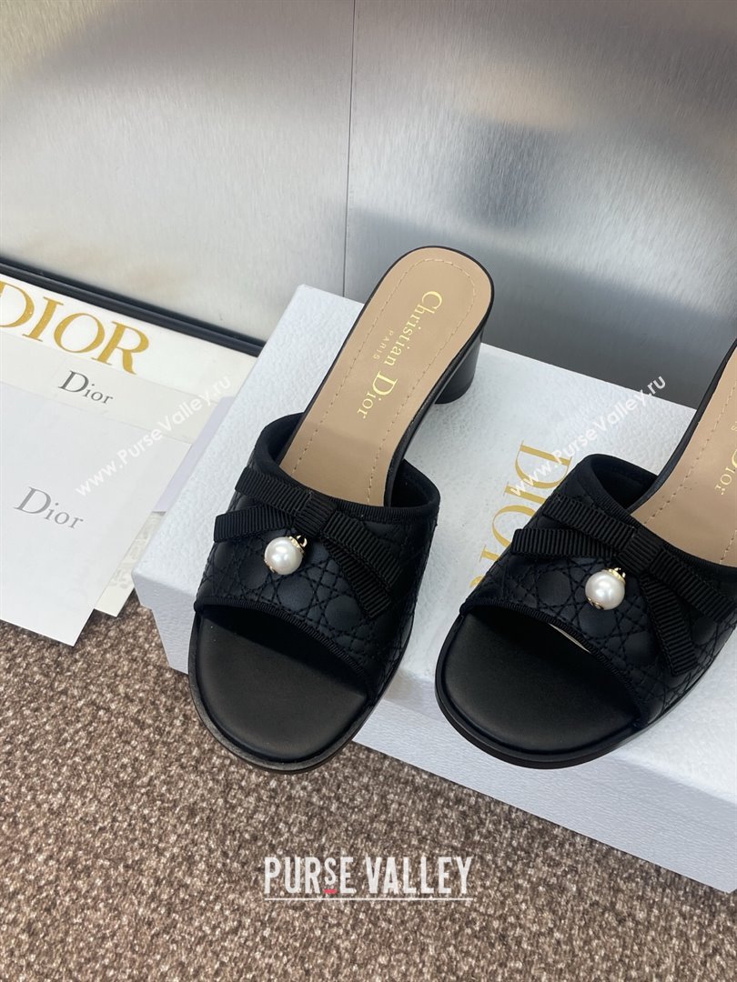 Dior Oblique Leather Heeled Slides Sandal 6cm with Pearl Bow Black 2025 (JC-250710043)