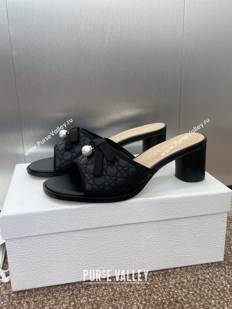 Dior Oblique Leather Heeled Slides Sandal 6cm with Pearl Bow Black 2025 (JC-250710043)