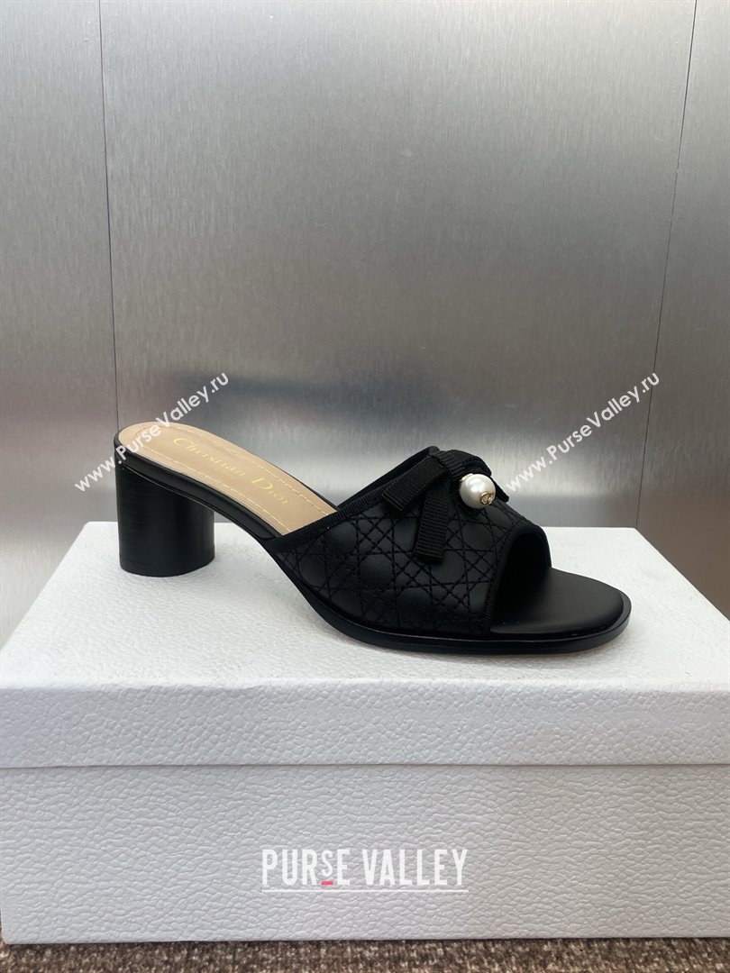 Dior Oblique Leather Heeled Slides Sandal 6cm with Pearl Bow Black 2025 (JC-250710043)