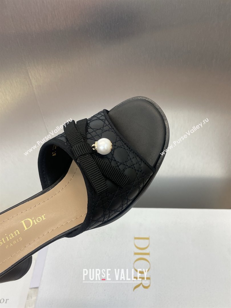 Dior Oblique Leather Heeled Slides Sandal 6cm with Pearl Bow Black 2025 (JC-250710043)