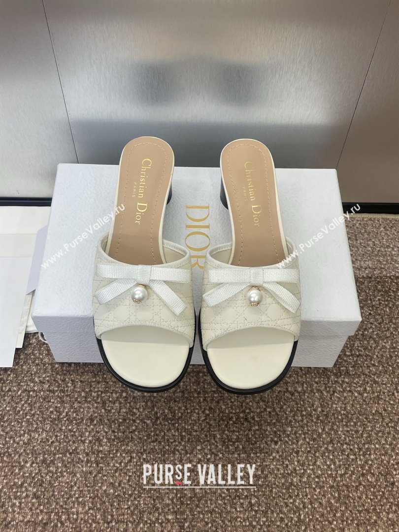 Dior Oblique Leather Heeled Slides Sandal 6cm with Pearl Bow White 2025 (JC-250710044)