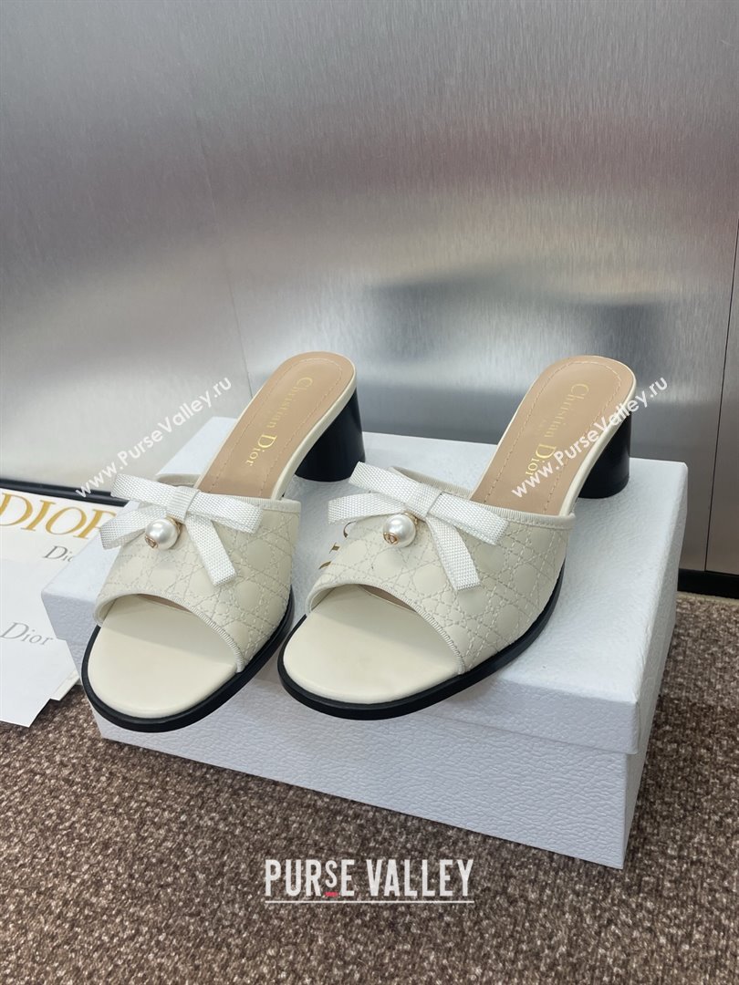 Dior Oblique Leather Heeled Slides Sandal 6cm with Pearl Bow White 2025 (JC-250710044)