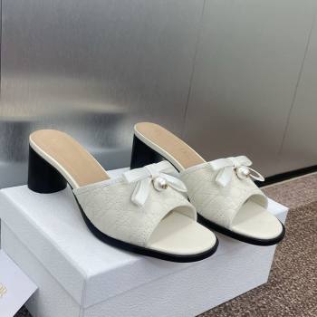 Dior Oblique Leather Heeled Slides Sandal 6cm with Pearl Bow White 2025 (JC-250710044)