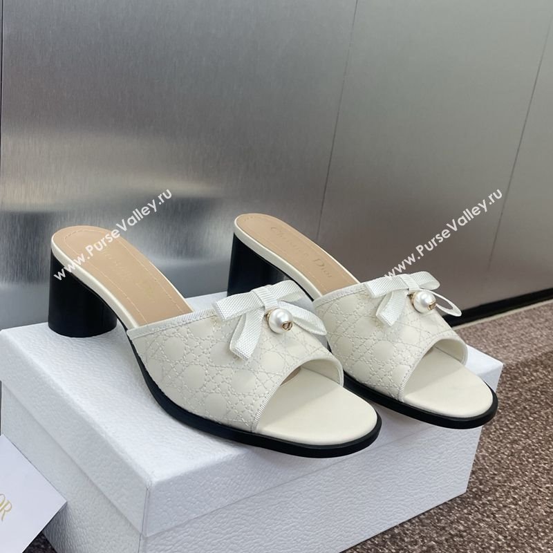 Dior Oblique Leather Heeled Slides Sandal 6cm with Pearl Bow White 2025 (JC-250710044)