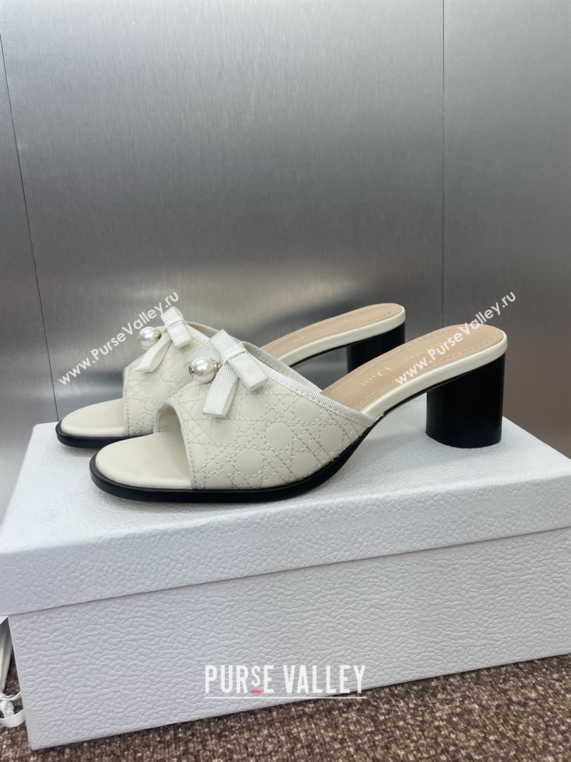 Dior Oblique Leather Heeled Slides Sandal 6cm with Pearl Bow White 2025 (JC-250710044)