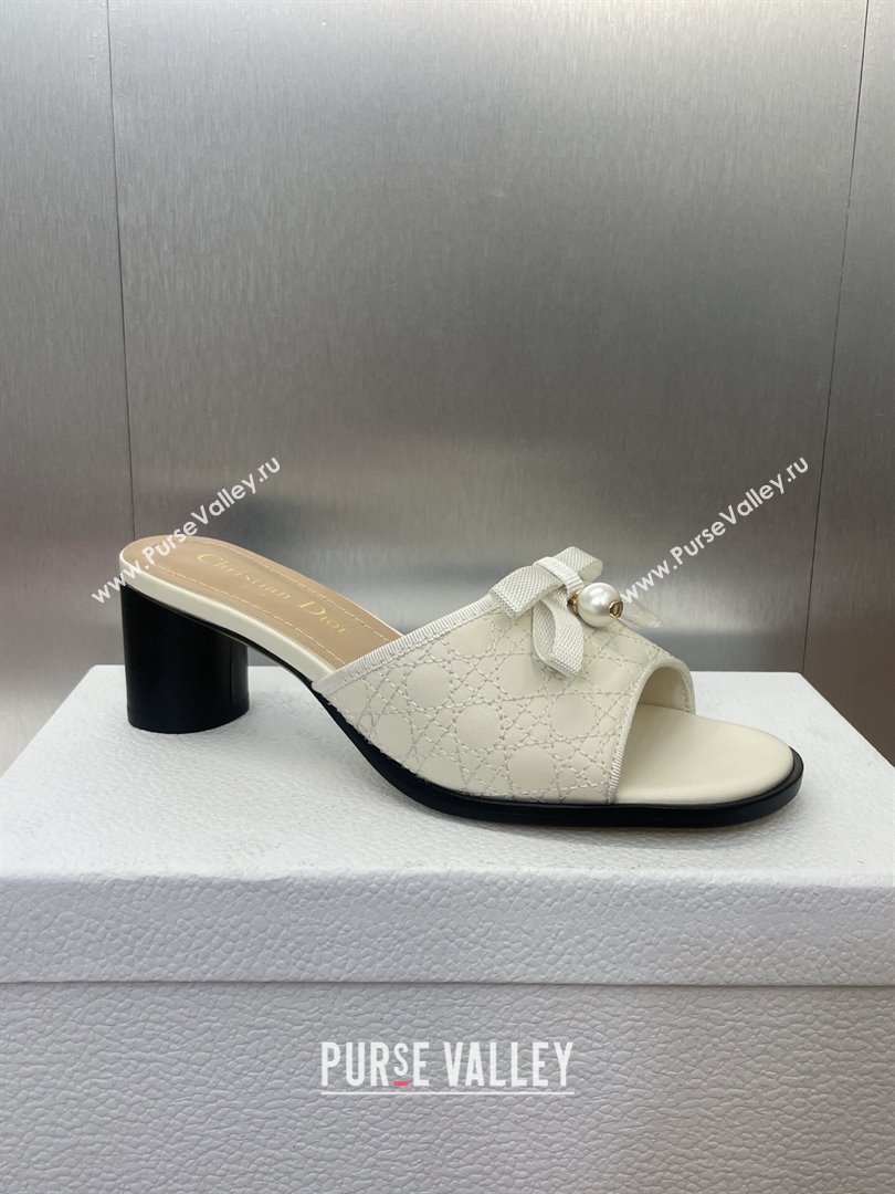 Dior Oblique Leather Heeled Slides Sandal 6cm with Pearl Bow White 2025 (JC-250710044)