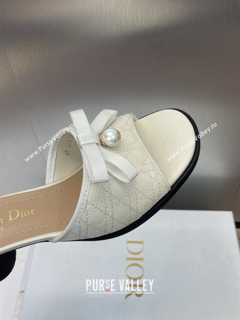 Dior Oblique Leather Heeled Slides Sandal 6cm with Pearl Bow White 2025 (JC-250710044)