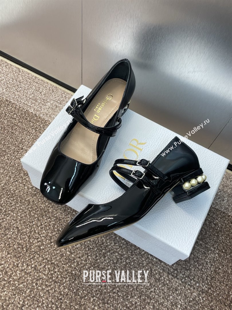 Dior D-Lane Mary Janes Pumps 3.5cm in Patent Leather with Pearls Black 2025 (JC-250710025)
