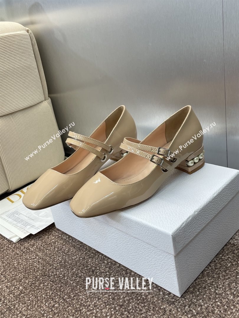 Dior D-Lane Mary Janes Pumps 3.5cm in Patent Leather with Pearls Beige 2025 (JC-250710026)