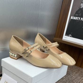 Dior D-Lane Mary Janes Pumps 3.5cm in Patent Leather with Pearls Beige 2025 (JC-250710026)