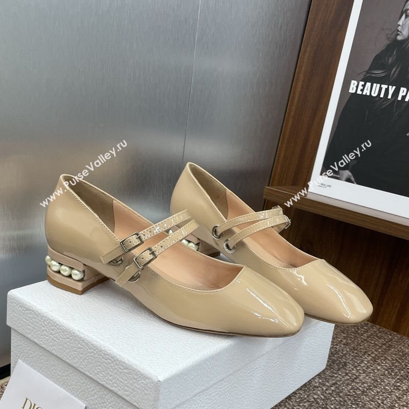 Dior D-Lane Mary Janes Pumps 3.5cm in Patent Leather with Pearls Beige 2025 (JC-250710026)